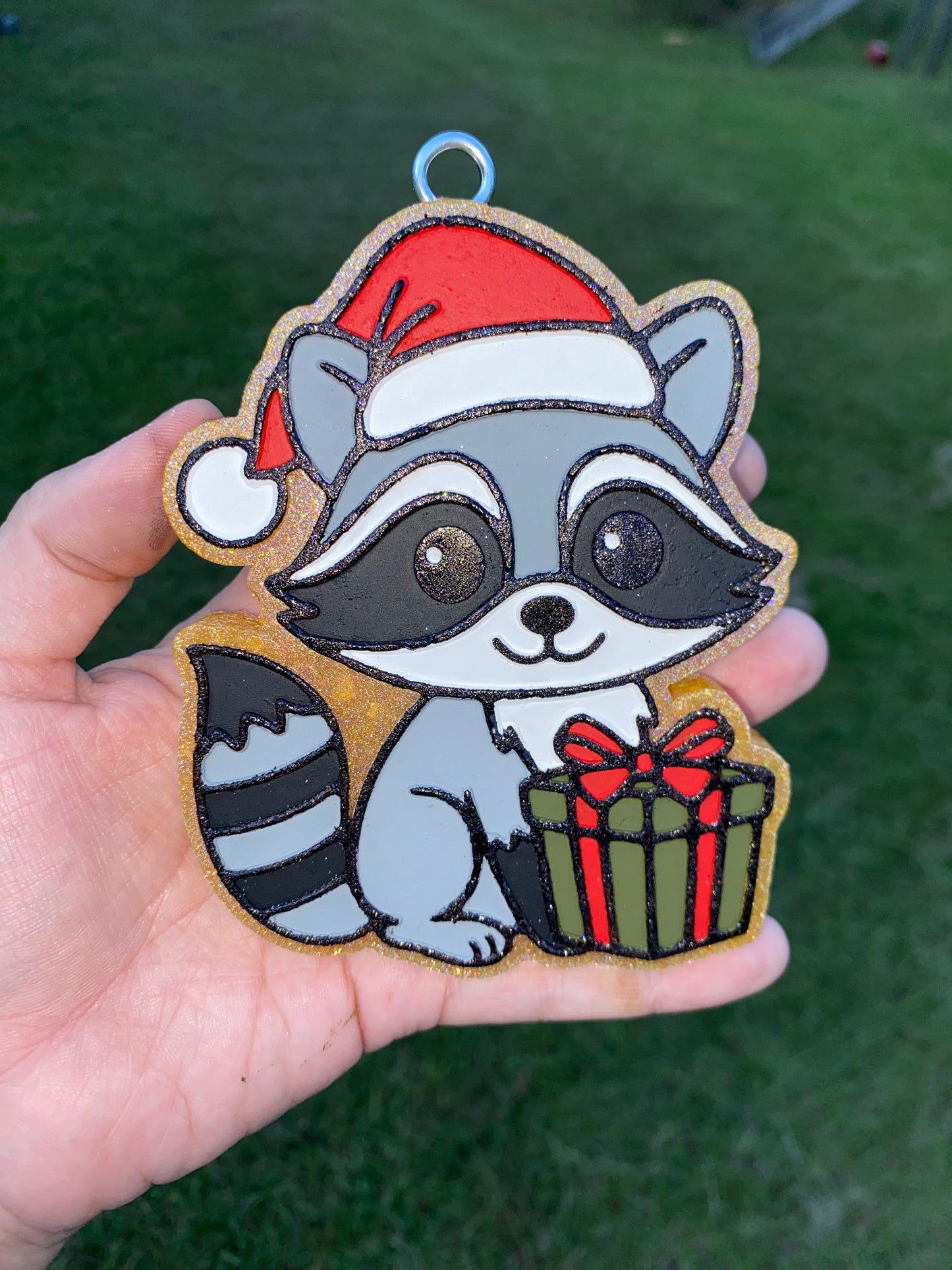 Raccoon with Christmas Present Freshie